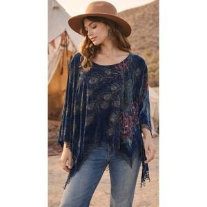 Vtg Ania A Peacock Velvet Beaded Boho Top OS Festival Artwear Handkerchief Hem